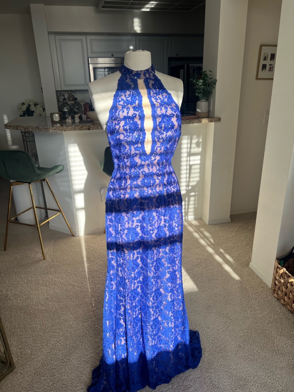 Jovani Women's Royal Blue Lace Halter Evening Gown